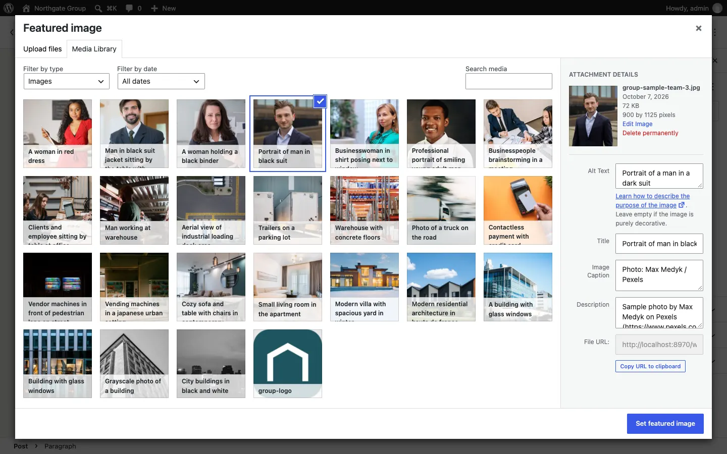 The Featured image box with the Media Library tab open, one of the sample photos selected, and the Attachment details panel on the right with its Alt Text, Title, Caption and Description boxes, and a Set featured image button