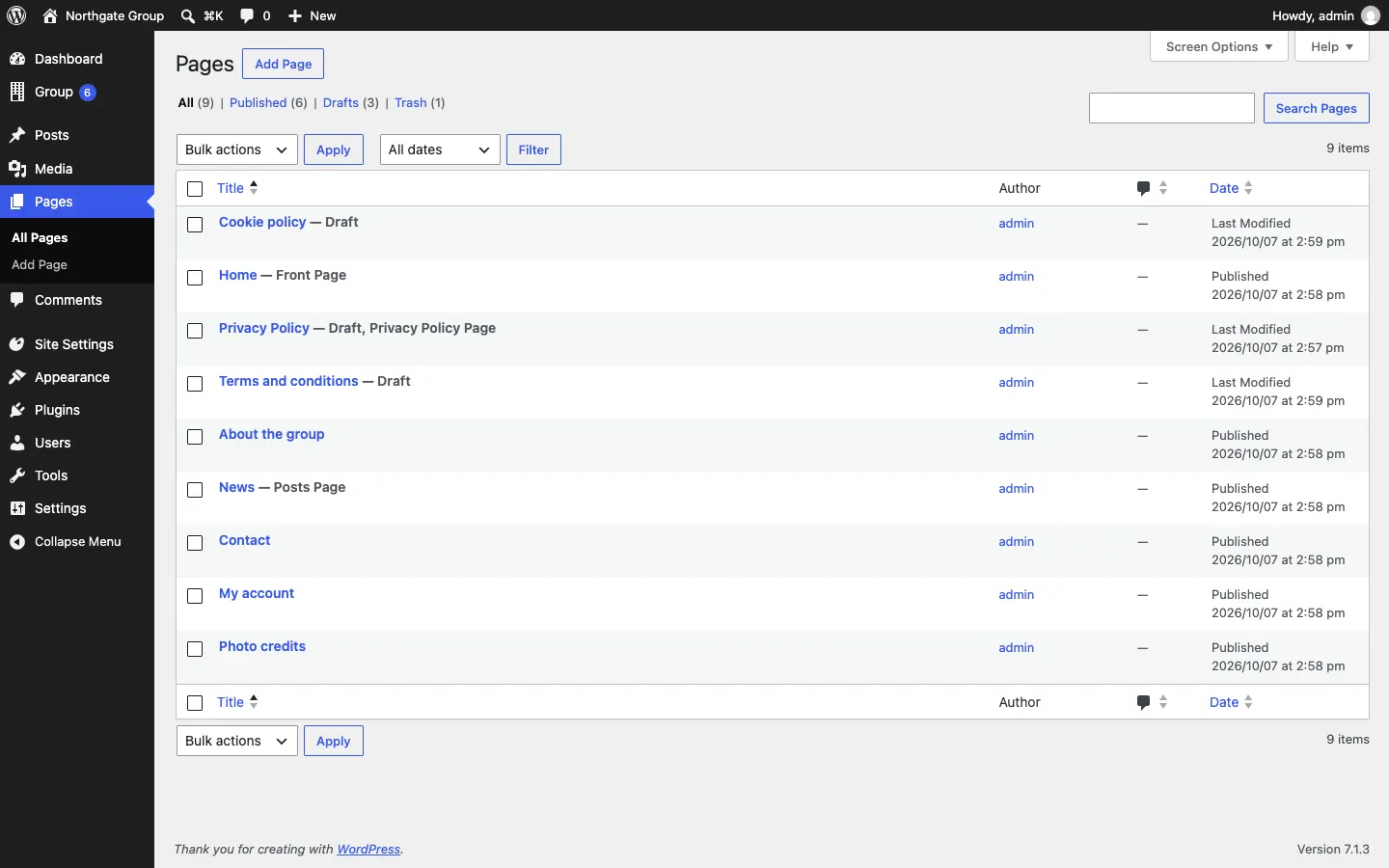 The Pages list after the setup wizard, with Home marked Front Page, the published starter pages, and the legal pages Cookie policy, Privacy Policy and Terms and conditions marked Draft