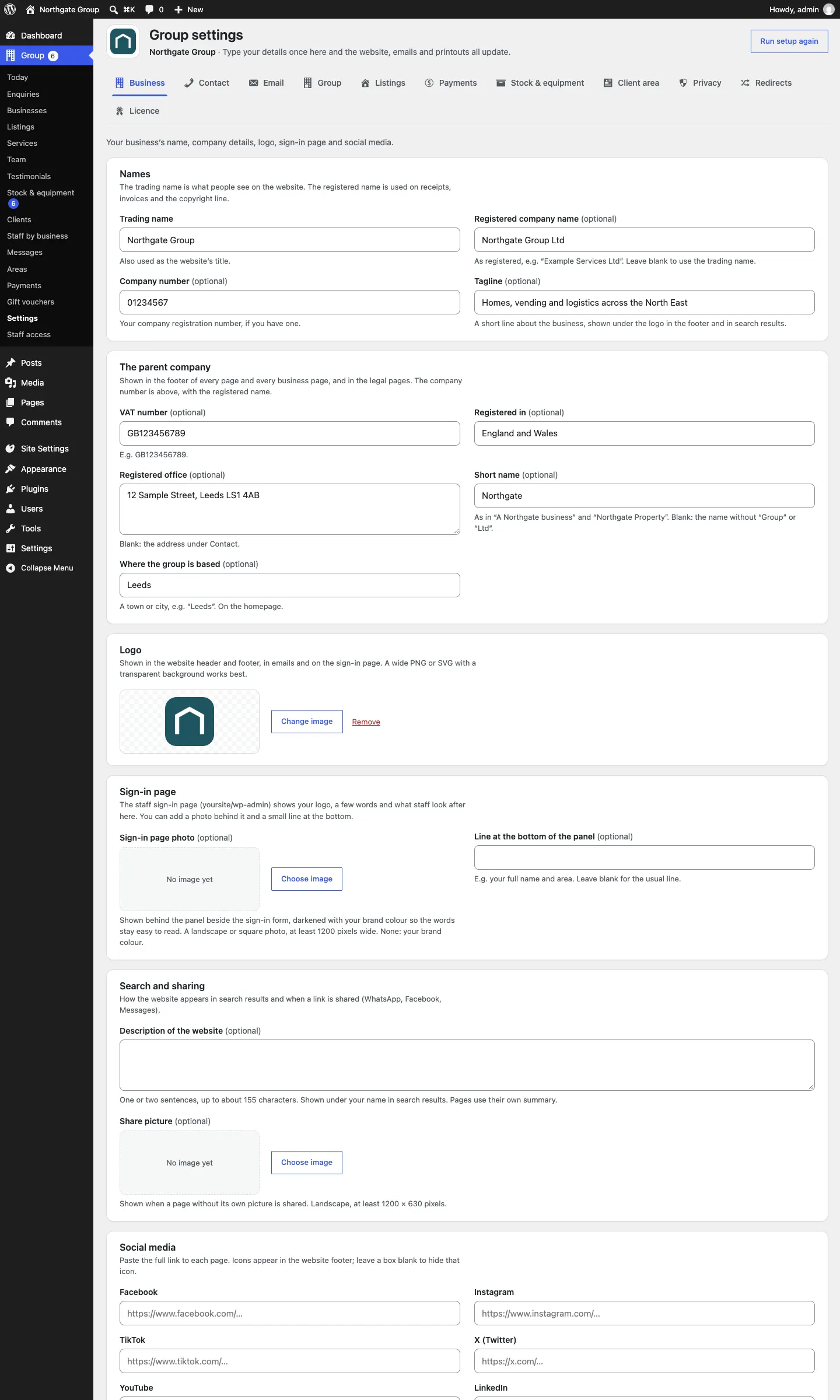 The whole Business tab: the Names card, the Logo card with the logo chosen, then the Sign-in page, Search and sharing and Social media cards, with Save changes at the bottom