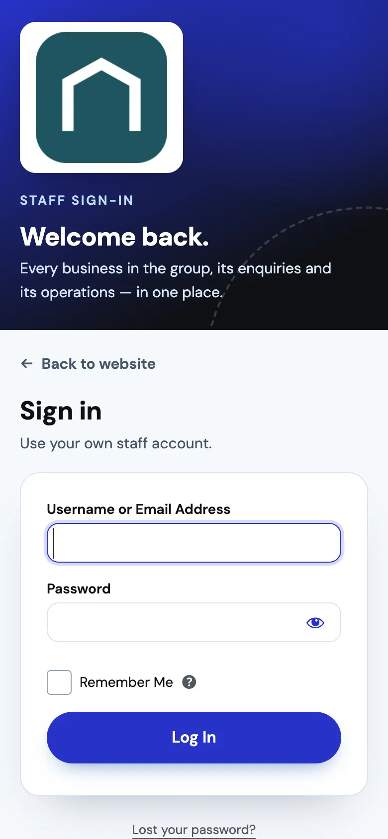 The staff sign-in page on a phone, with the logo and a short banner at the top and the sign-in form below