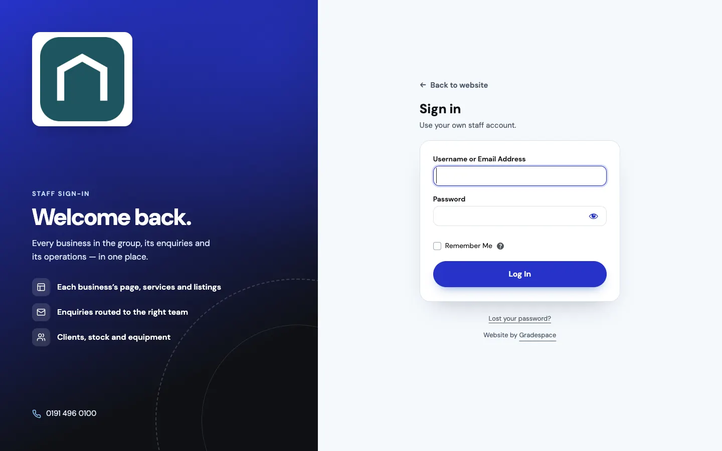 The staff sign-in page: on the left, a panel in the brand colour with the logo, a welcome line, what staff look after here and the phone number; on the right, Back to website, Sign in, "Use your own staff account.", Username or Email Address, Password, Remember Me, a Log In button, Lost your password? and Website by Gradespace
