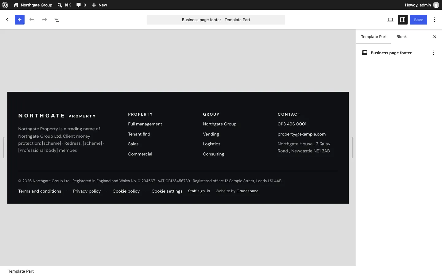 The Footer template part open in the editor, showing the logo, tagline, columns of links, the Visit us and Contact columns and the bottom line, with a Save button at the top right
