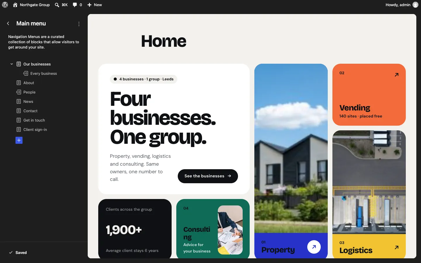 Navigation in the Site Editor: with only one menu, it opens the Main menu straight away, listing Our businesses, Every business, About, People, News, Contact, Get in touch and Client sign-in, with the home page on the right