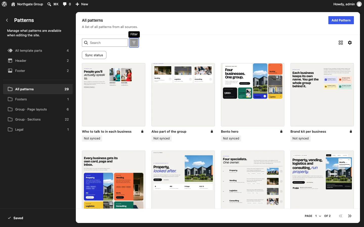 The Site Editor Patterns panel, with All template parts, Header and Footer at the top, then your kit's pattern categories