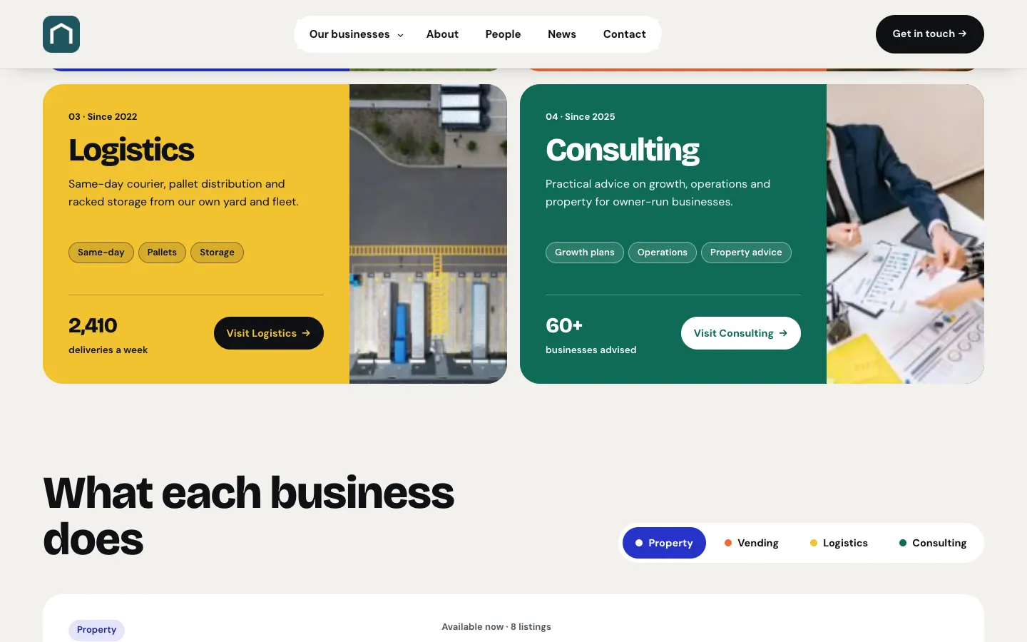 The home page scrolled half way down with the menu kept at the top: the header with the logo, the menu and the main button stays in view above the page content