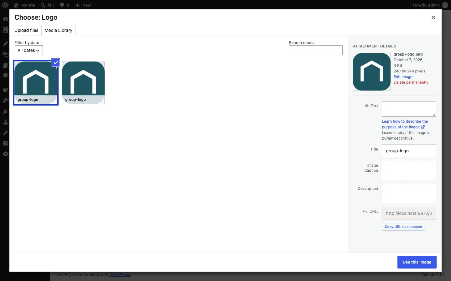 The media library opened from the wizard, titled "Choose: Logo", with the uploaded sample logo selected, its Attachment details on the right and a Use this image button at the bottom right