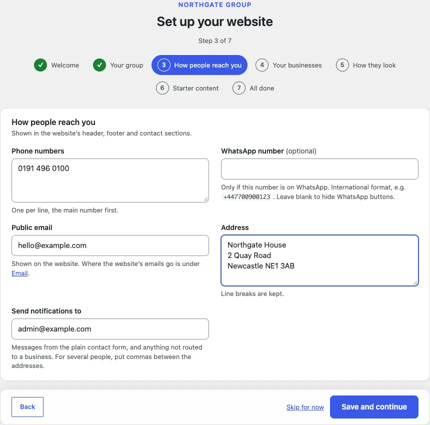 Step 3 of 7, How people reach you, with a phone number, hello@example.com, the address Northgate House, 2 Quay Road, Newcastle, and the Send notifications to box