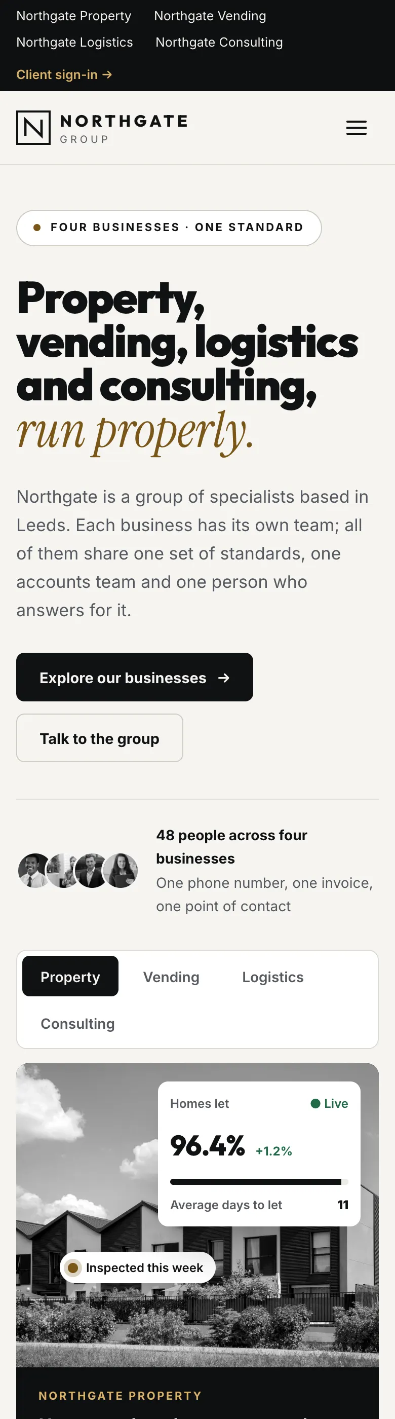 The Charter homepage on a phone, with the heading, the Explore our businesses button and the business tabs below