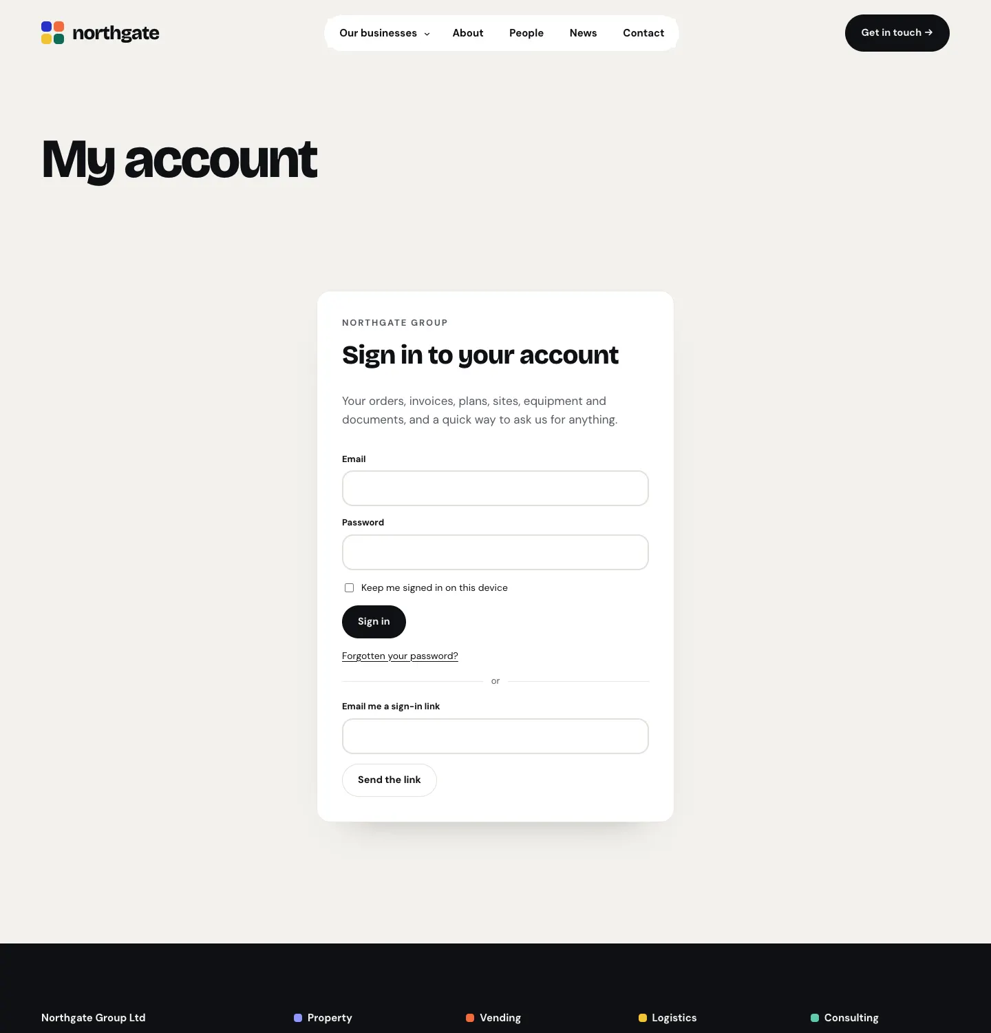 The My account sign-in card: "Northgate Group · Sign in to your account · Your orders, invoices, plans, sites, equipment and documents, and a quick way to ask us for anything", with Email and Password boxes, Keep me signed in on this device, a Sign in button, Forgotten your password? and Email me a sign-in link