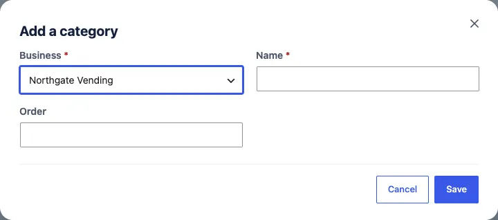 The Add a category box with Business, Name and Order, and Cancel and Save buttons