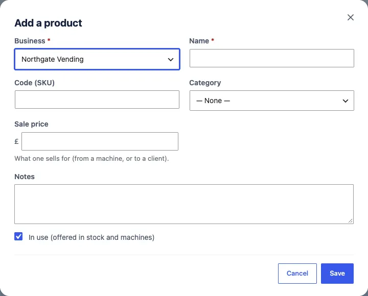 The Add a product box: Business, Name, Code (SKU), Category, Sale price, Notes, the In use tick box, and Cancel and Save buttons