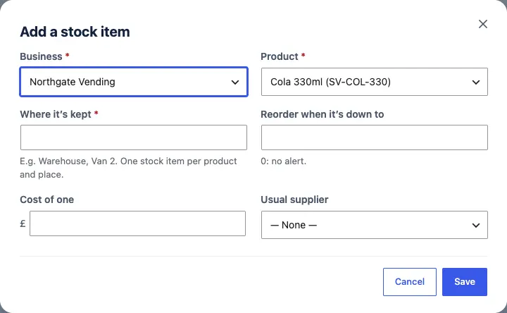 The Add a stock item box with Business, Product, Where it's kept, Reorder when it's down to, Cost of one, Usual supplier, and Cancel and Save