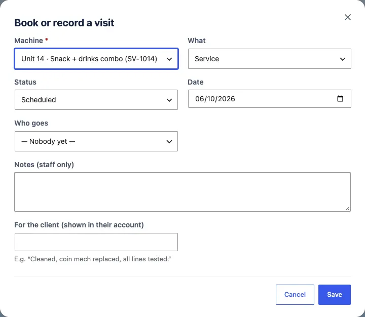The Book or record a visit box with Machine, What (Service), Status (Scheduled), Date, Who goes, Notes (staff only) and For the client (shown in their account)
