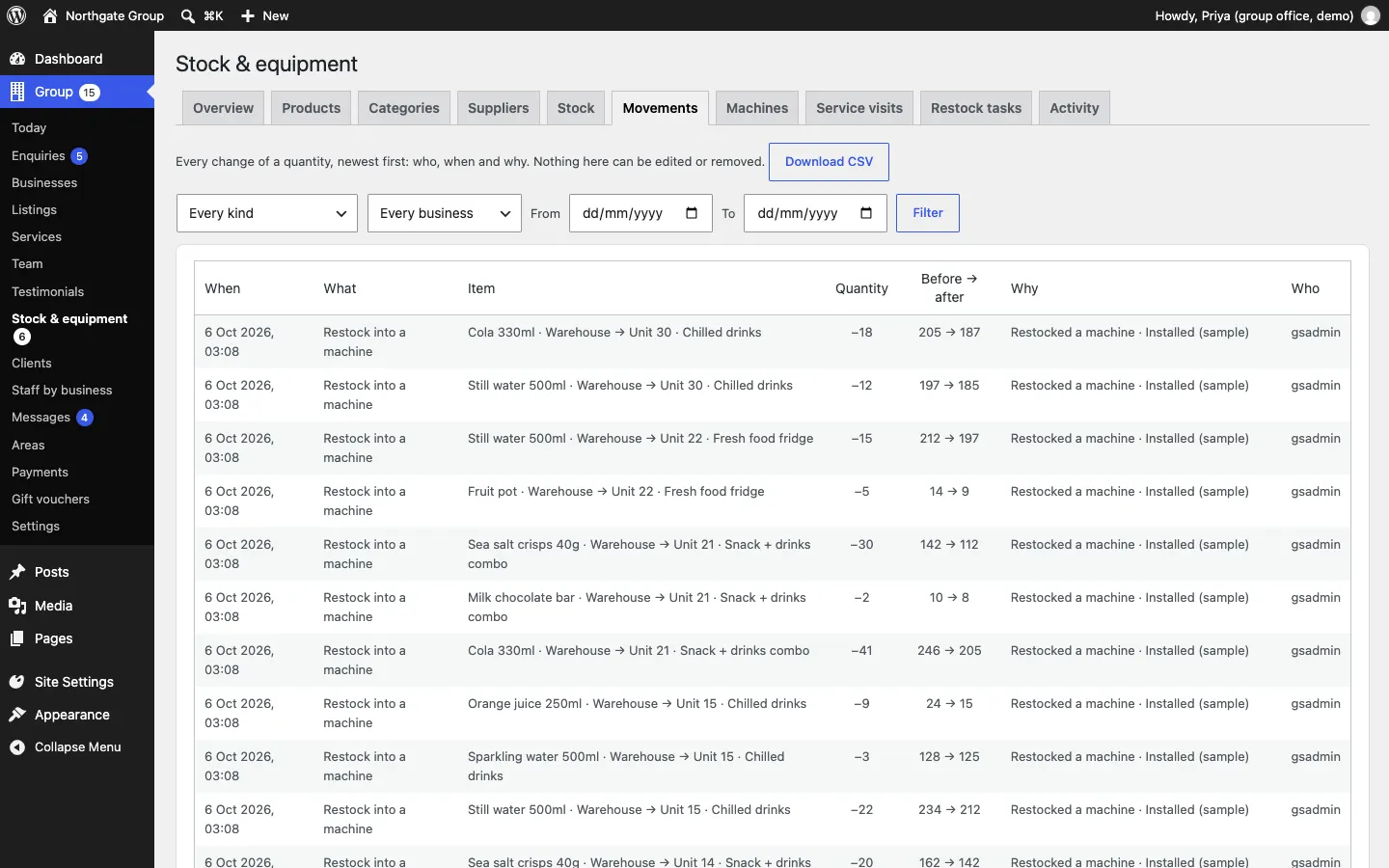 The Movements tab: "Every change of a quantity, newest first: who, when and why. Nothing here can be edited or removed", with filters and rows such as "Restock into a machine, Cola 330ml · Warehouse → Unit 30 · Chilled drinks, −18, 205 → 187"