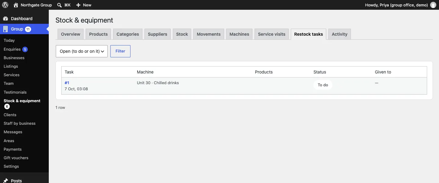 The Restock tasks tab with a Show filter (Open, Done, Cancelled, All) and task #1 for Unit 30