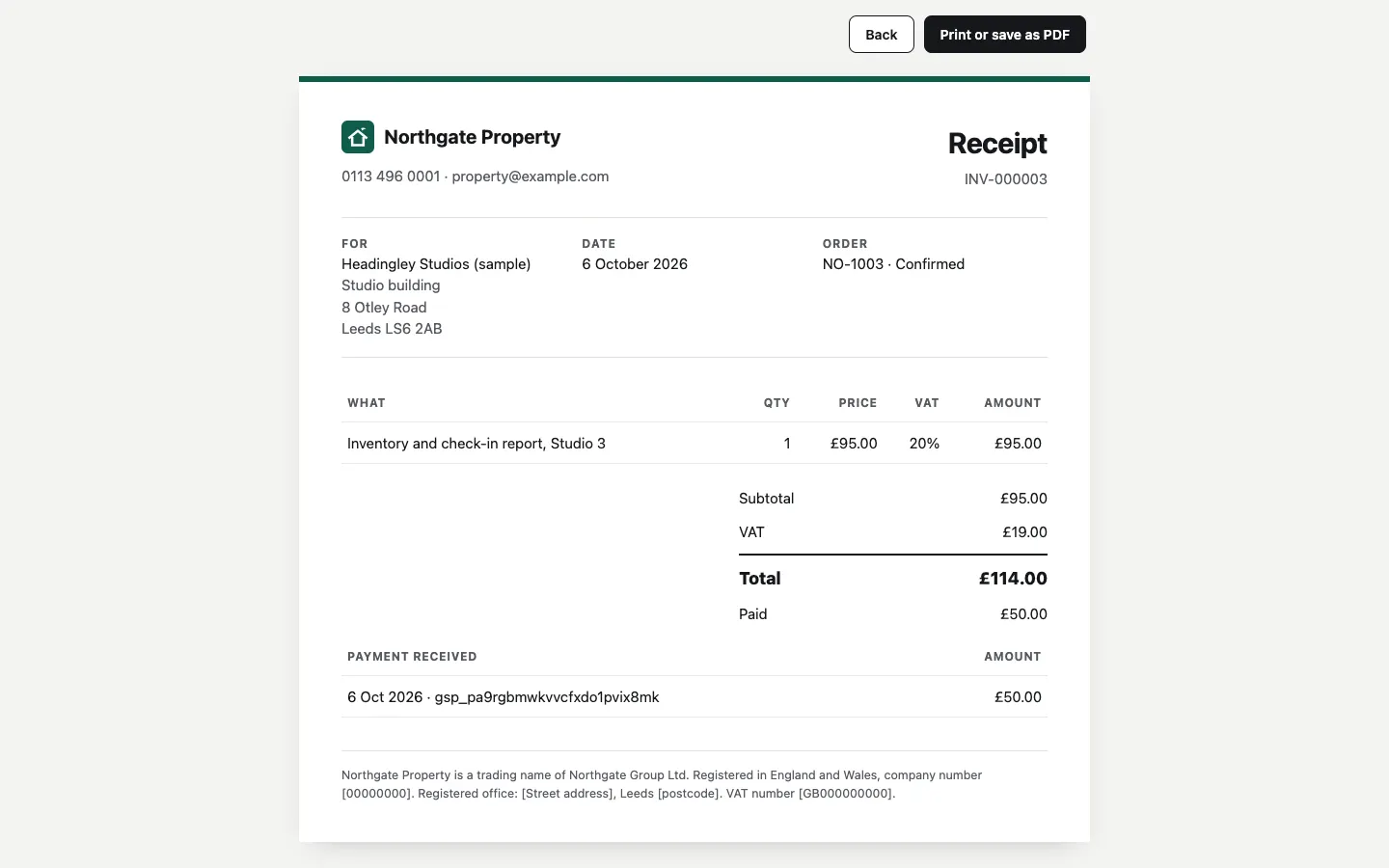 The receipt for the same order, showing the payment received
