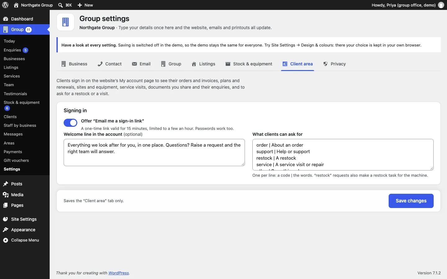 The Client area tab with the Offer "Email me a sign-in link" switch, the Welcome line in the account and What clients can ask for