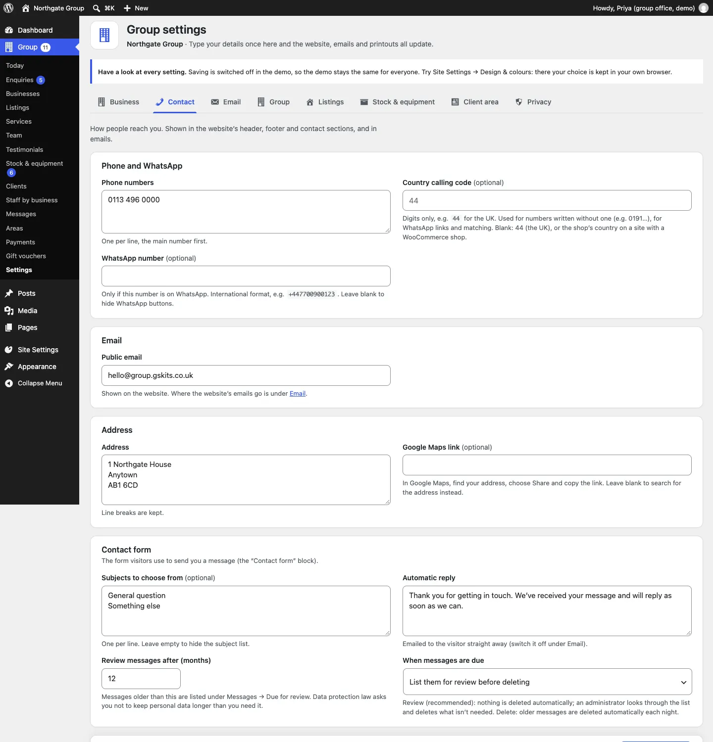 The Contact tab of Group settings showing phone numbers, WhatsApp, public email, address, the contact form's subjects, the automatic reply, Review messages after (months) and the When messages are due choices