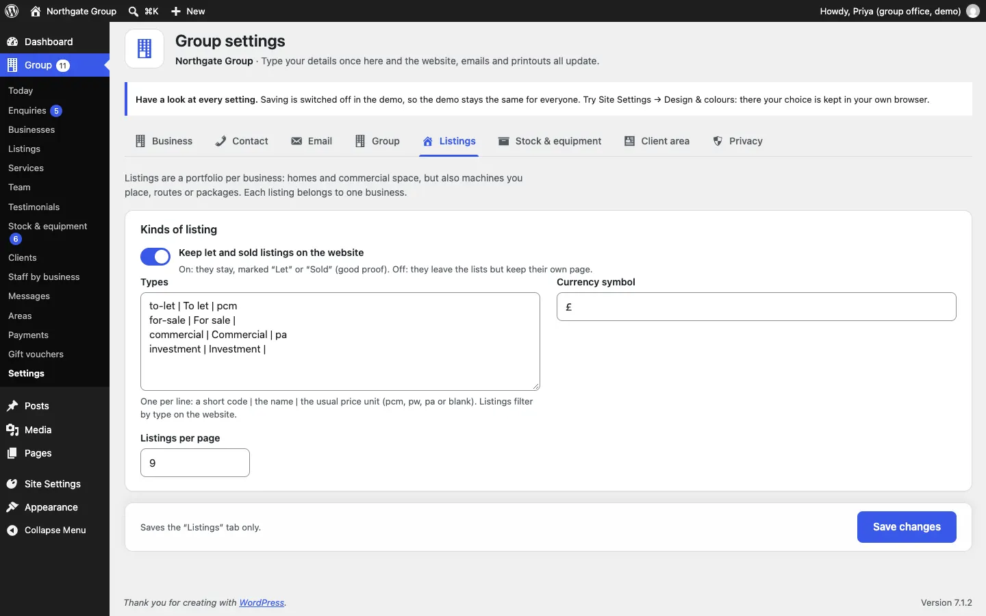 The Listings tab of Group settings with the Keep let and sold listings on the website switch, the Types box, Currency symbol and Listings per page