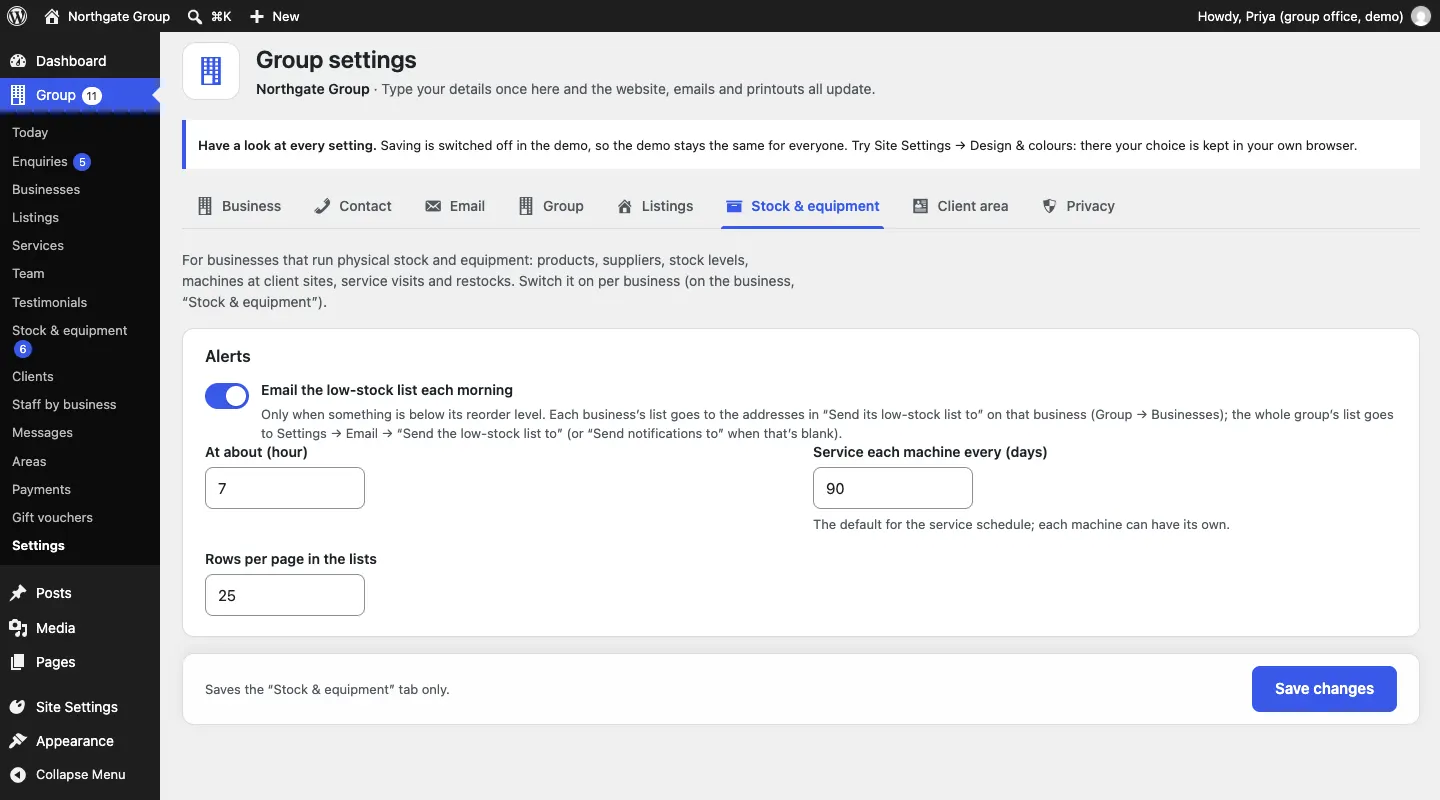 The Stock & equipment tab of Group settings with the Alerts section: Email the low-stock list each morning, At about (hour), Service each machine every (days) and Rows per page in the lists