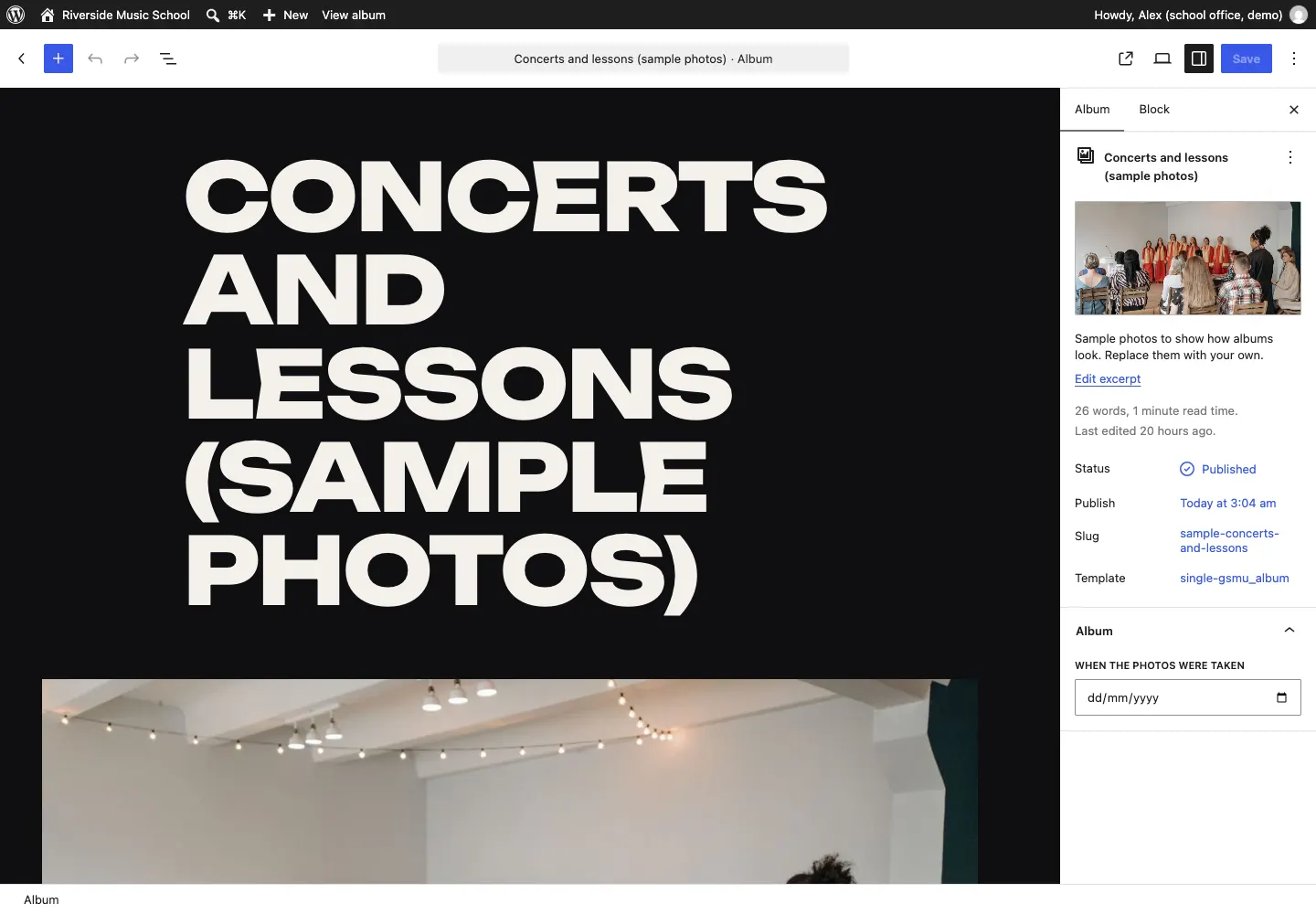 Editing the sample album: the gallery of photos on the left, and the Album panel with When the photos were taken on the right