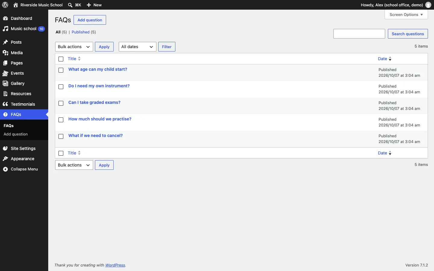 The FAQs list with the sample questions