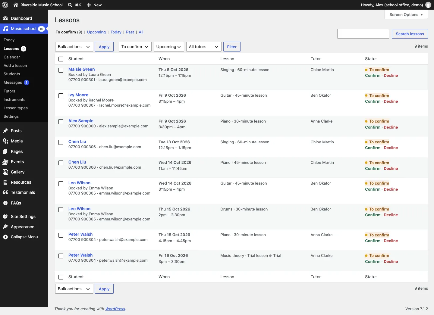The Lessons list showing only lessons to confirm, each with Confirm and Decline links