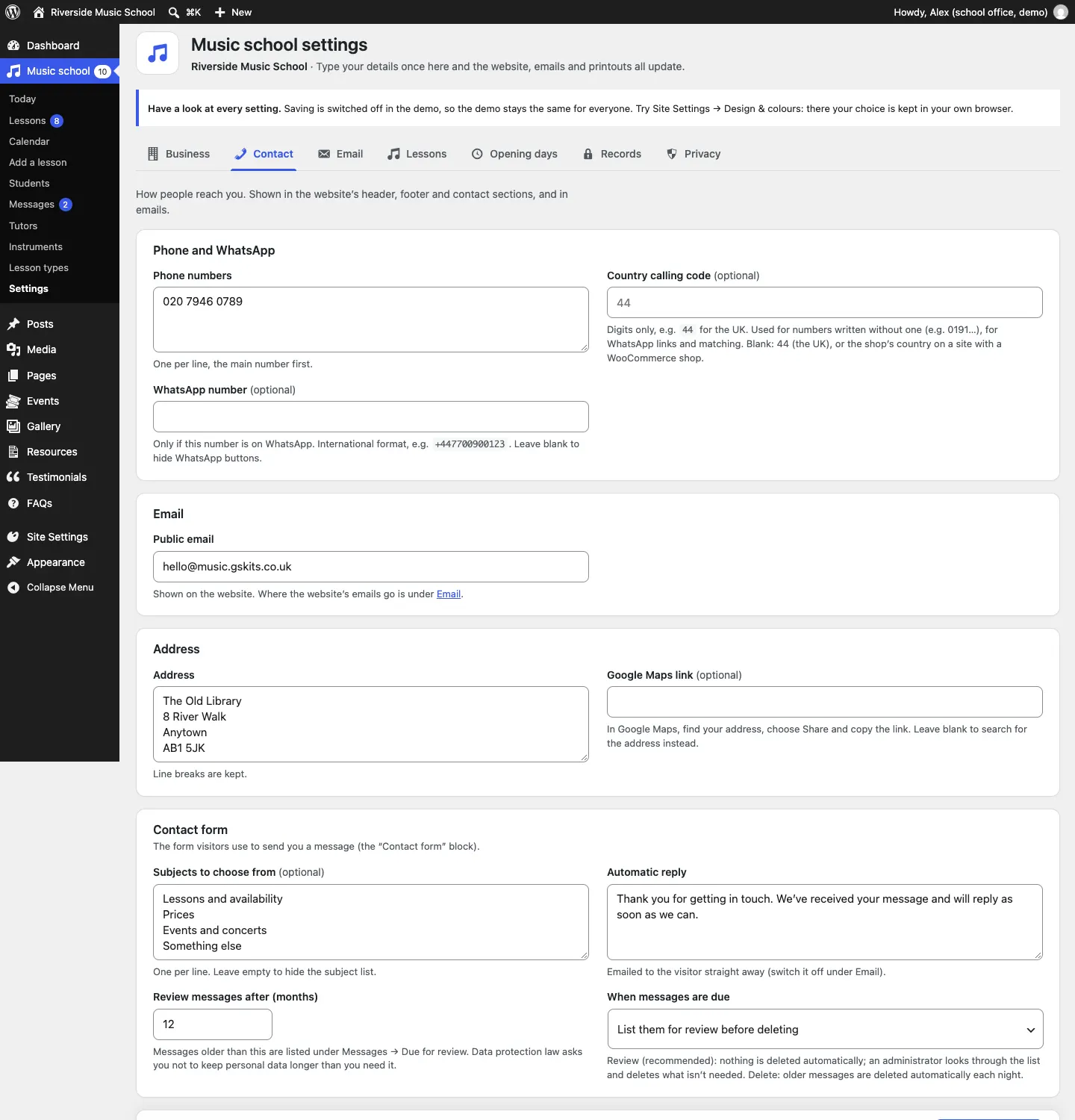 The Contact tab: phone numbers, country calling code, WhatsApp number, public email, address, Google Maps link and the contact form settings