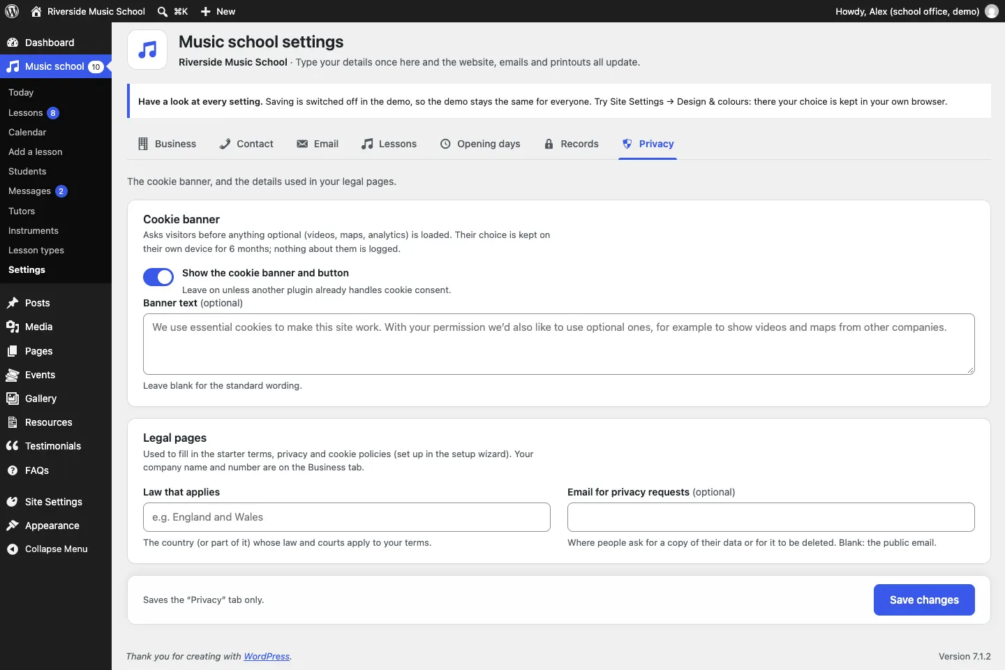 The Privacy tab: the cookie banner switch and banner text, and the Legal pages settings