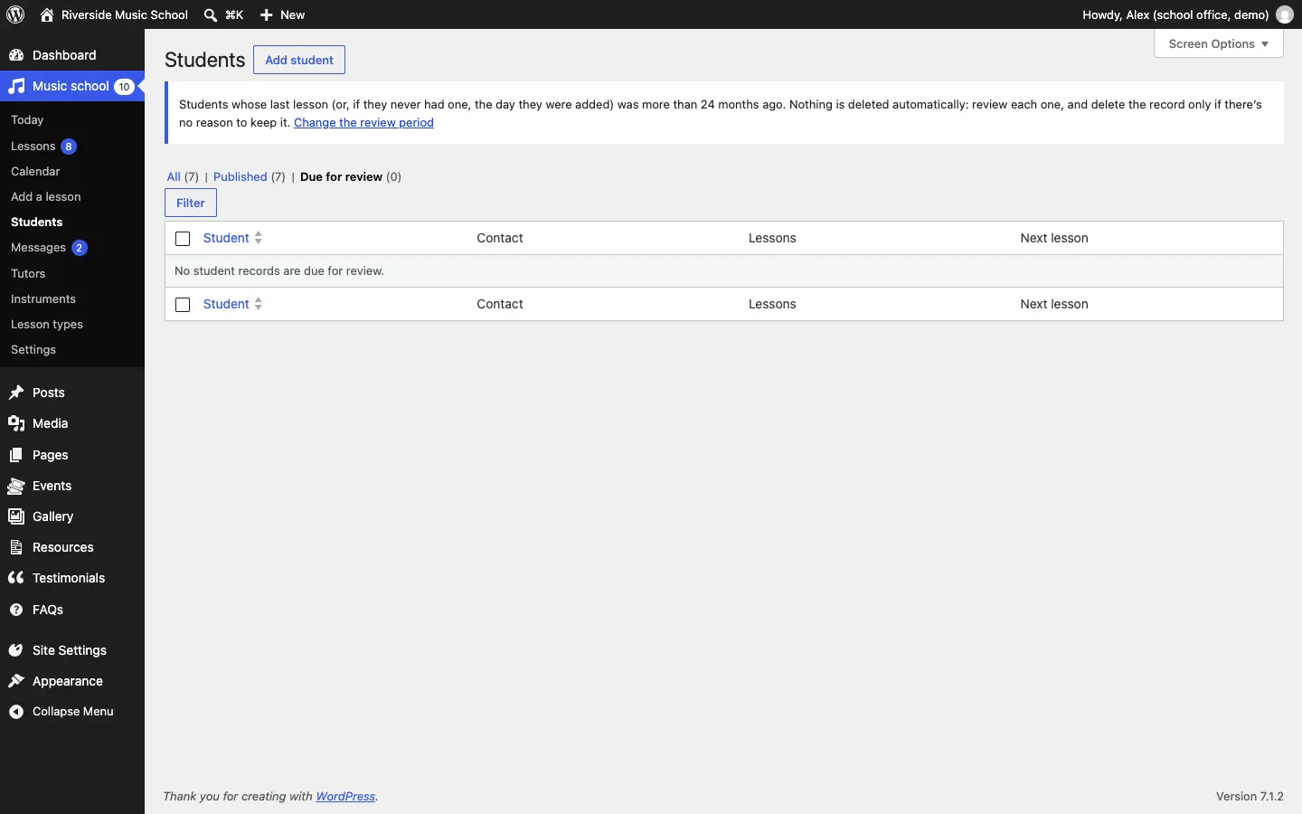 The Students list's Due for review view, with the explanation that nothing is deleted automatically and a link to change the review period. In the demo there are none due, so the list says No student records are due for review