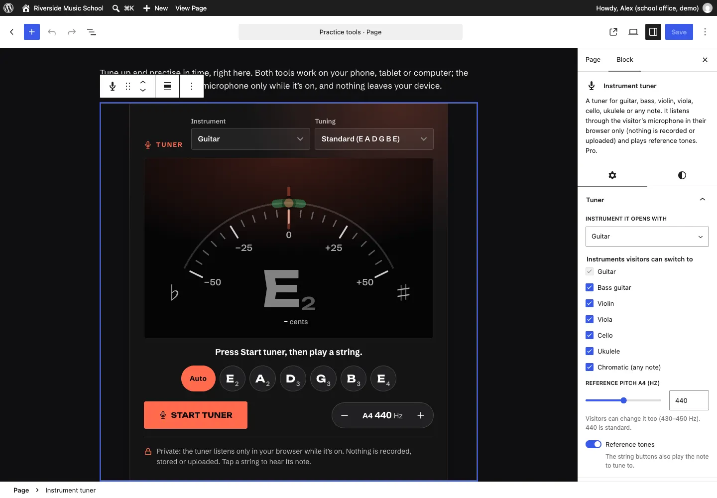 The Practice tools page in the editor with the tuner selected, and the Tuner settings on the right: Instrument it opens with, Instruments visitors can switch to with tick boxes for guitar, bass guitar, violin, viola, cello, ukulele and chromatic, Reference pitch A4 (Hz), and the Reference tones switch