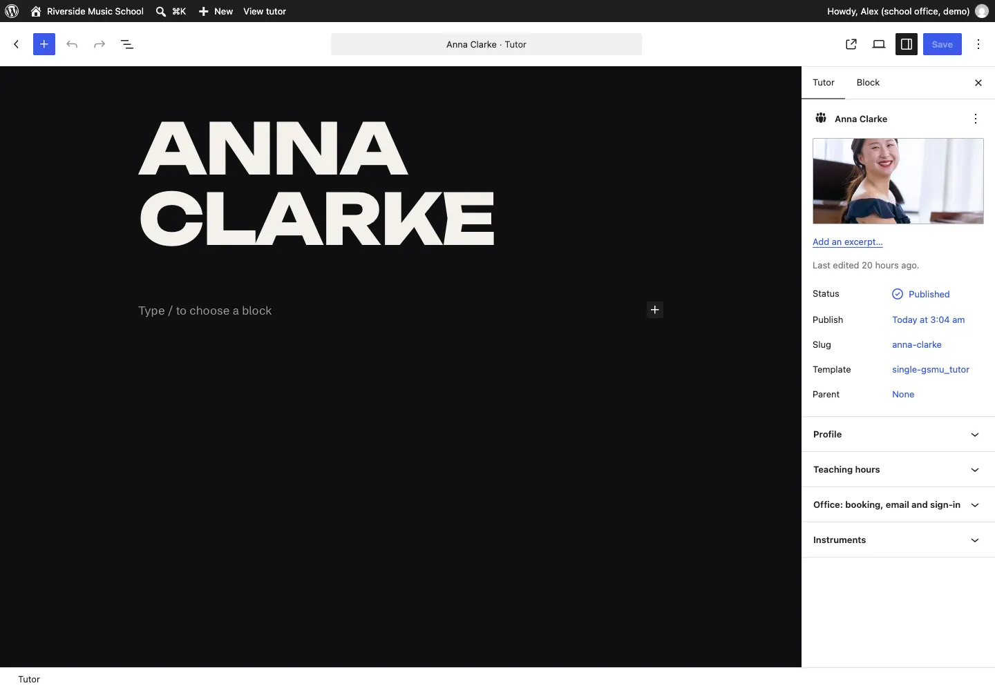 Editing Anna Clarke's profile: her name in large letters on the left, and on the right the Tutor tab with her photo, status and the Profile, Teaching hours, Office: booking, email and sign-in, and Instruments panels