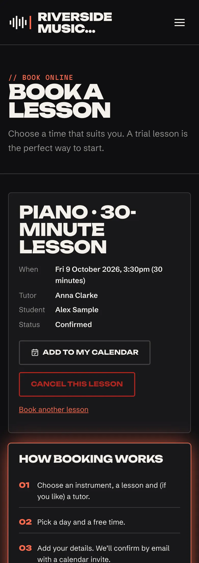 The same lesson page on a phone after the office confirmed it: Status Confirmed