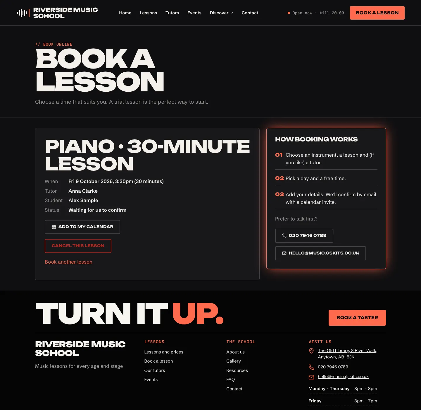 The private lesson page on a computer: Piano · 30-minute lesson, When Fri 9 October 2026 3:30pm (30 minutes), Tutor Anna Clarke, Student Alex Sample, Status Waiting for us to confirm, with Add to my calendar, Cancel this lesson and Book another lesson