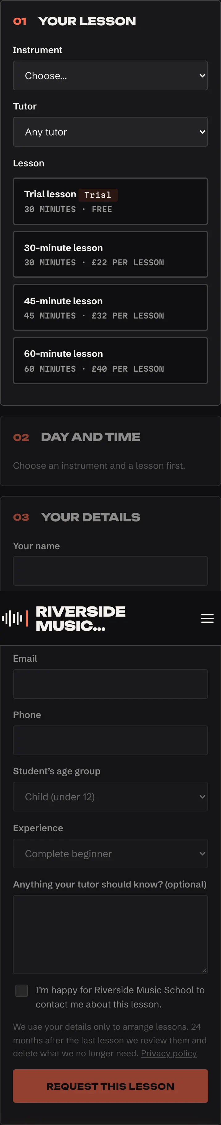 Step 1 on a phone: the Instrument and Tutor menus and the lesson types as cards