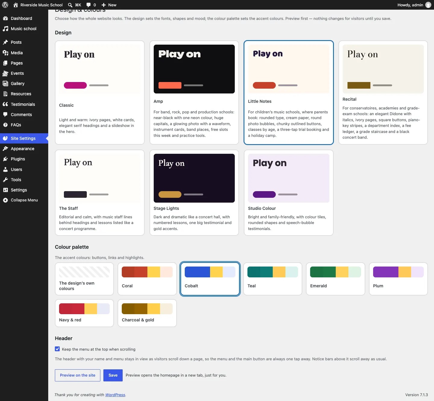 The Notes design selected, with its own colour palettes shown underneath and Cobalt selected