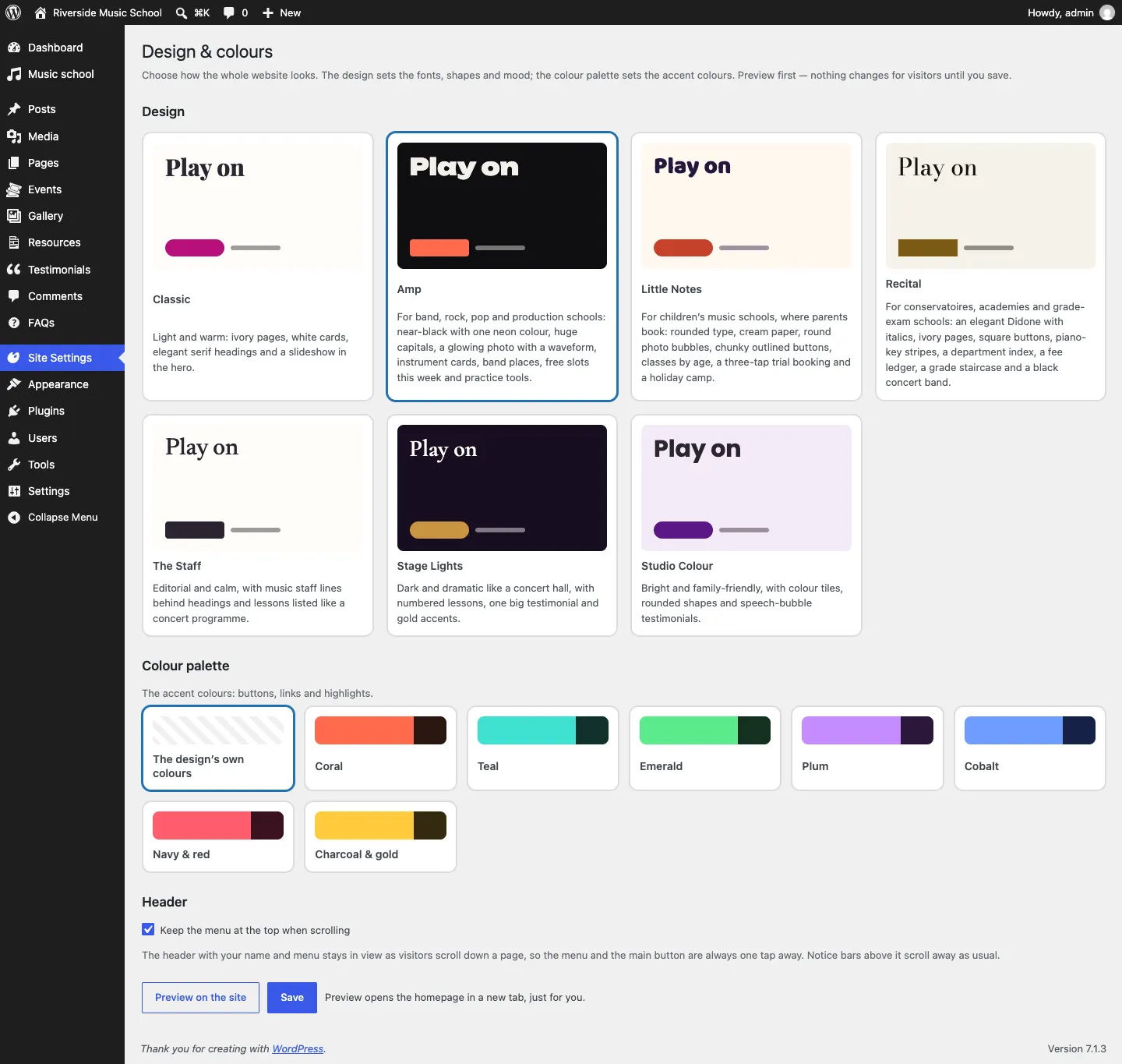 The Design & colours screen with a card for each of the Music designs, the current one selected, a row of colour palettes starting with The design's own colours, the Header section with "Keep the menu at the top when scrolling" ticked, and Preview on the site and Save buttons