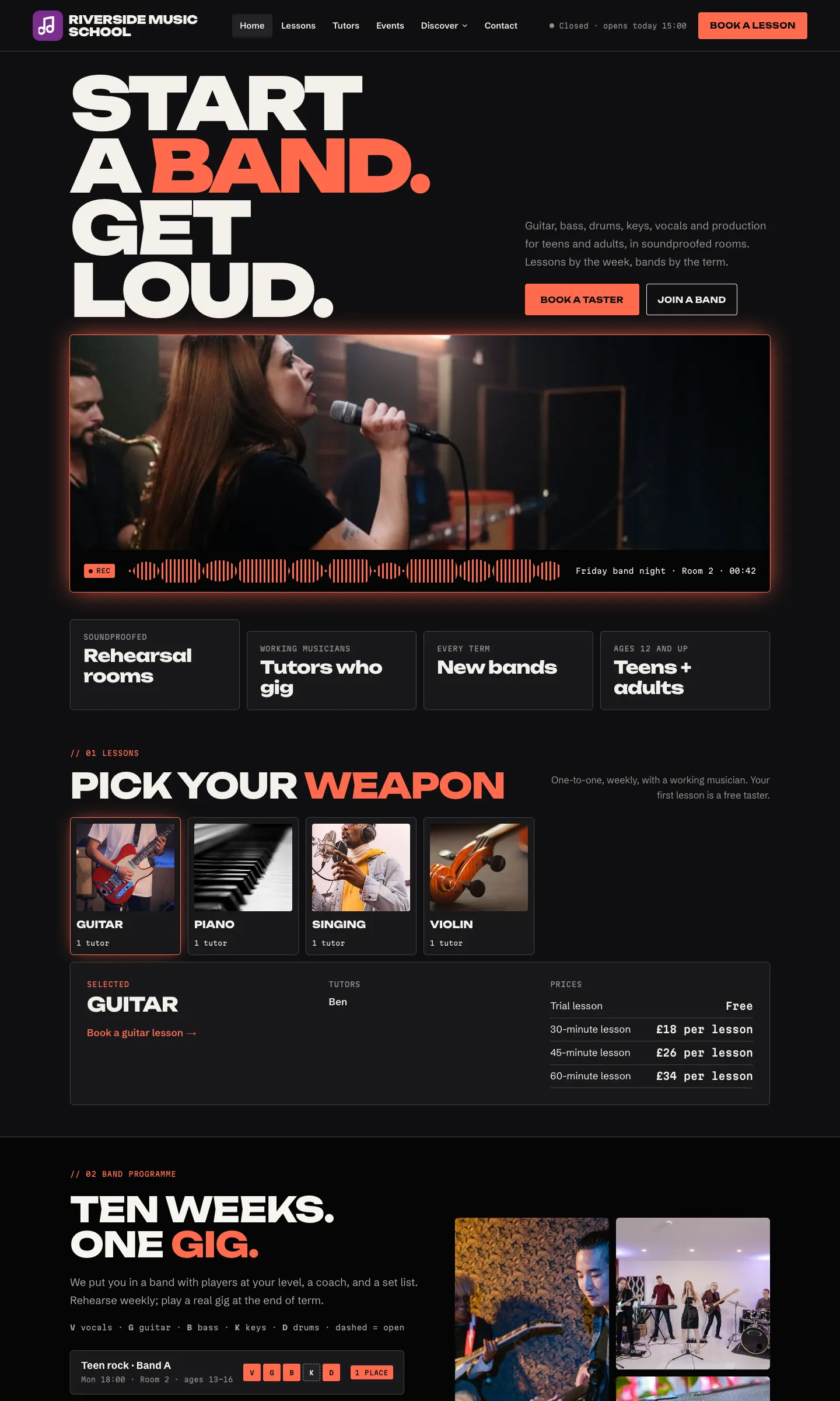 The sample Music website's home page after the wizard, in its starting design, with the sample logo, the main menu, a large heading and the sample photos