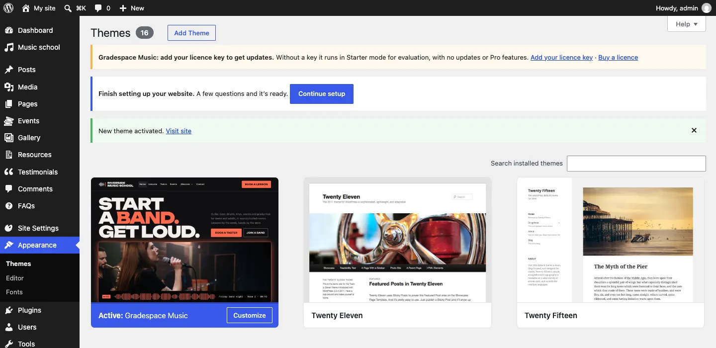 The Themes screen with "Active: Gradespace Music", a notice "New theme activated", the blue "Finish setting up your website" notice with a Continue setup button, and the Site Settings menu on the left