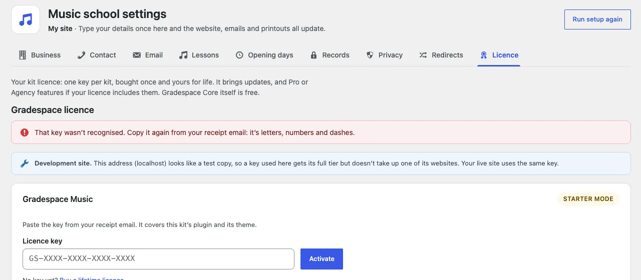 The Licence tab with a red message: "That key wasn't recognised. Copy it again from your receipt email: it's letters, numbers and dashes."