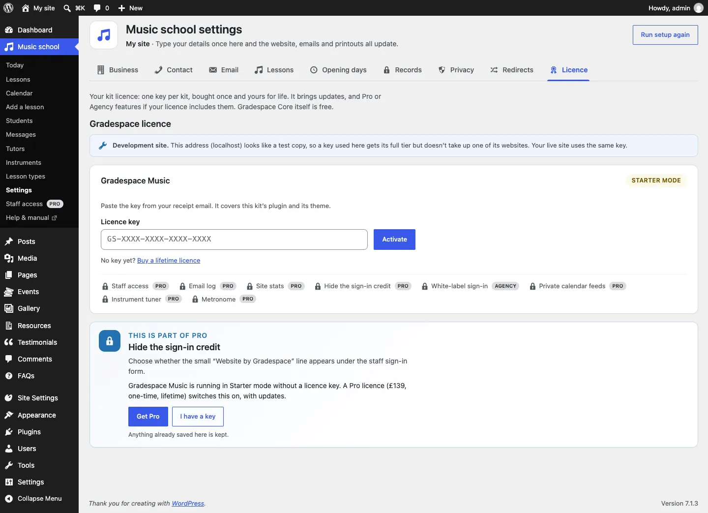 The Licence tab with the Gradespace Music card in Starter mode: an empty Licence key box showing GS-XXXX-XXXX-XXXX-XXXX, an Activate button, the link "No key yet? Buy a lifetime licence", and a row of locked features marked Pro or Agency