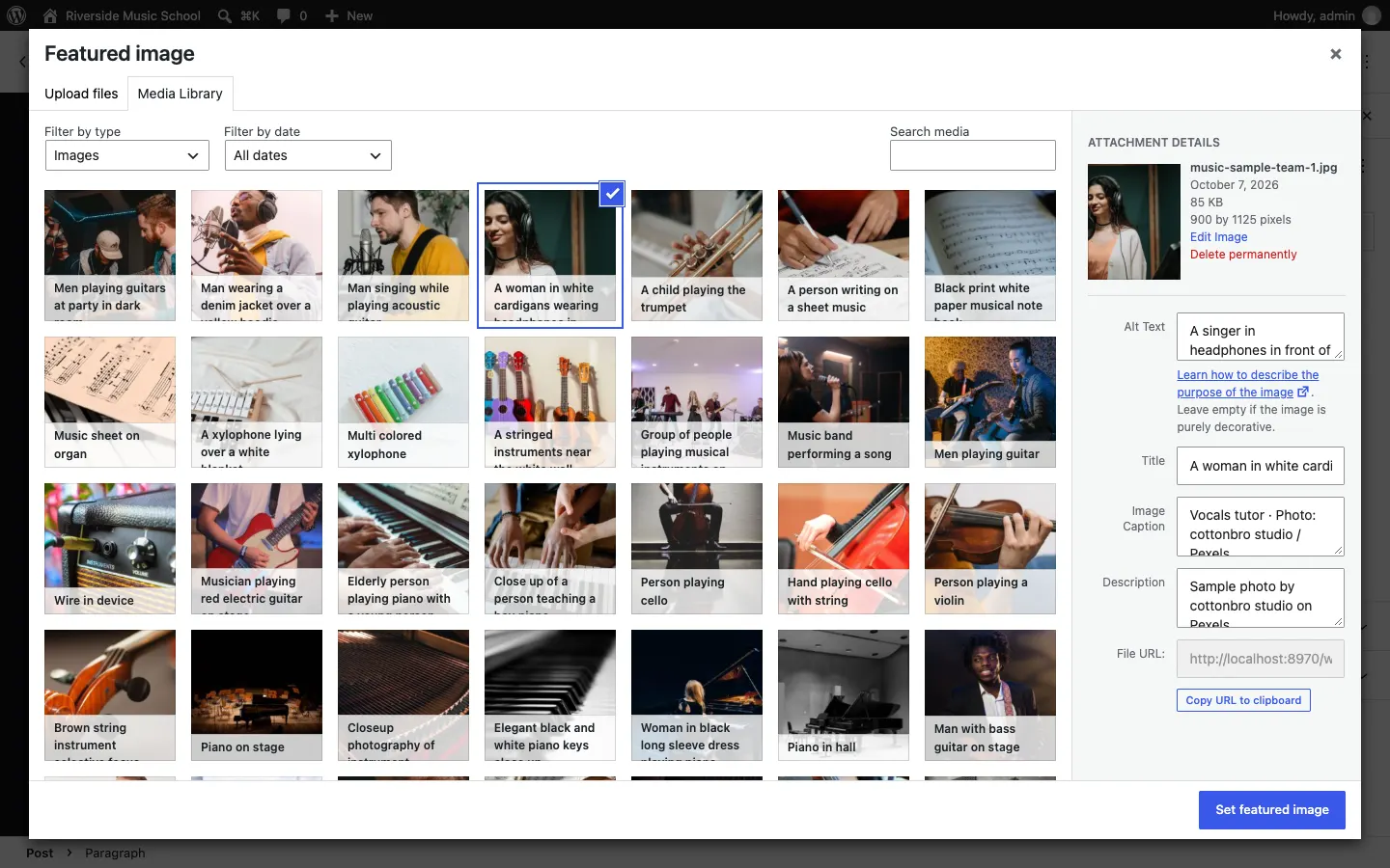The Featured image box with the Media Library tab open, one of the sample photos selected, and the Attachment details panel on the right with its Alt Text, Title, Caption and Description boxes, and a Set featured image button