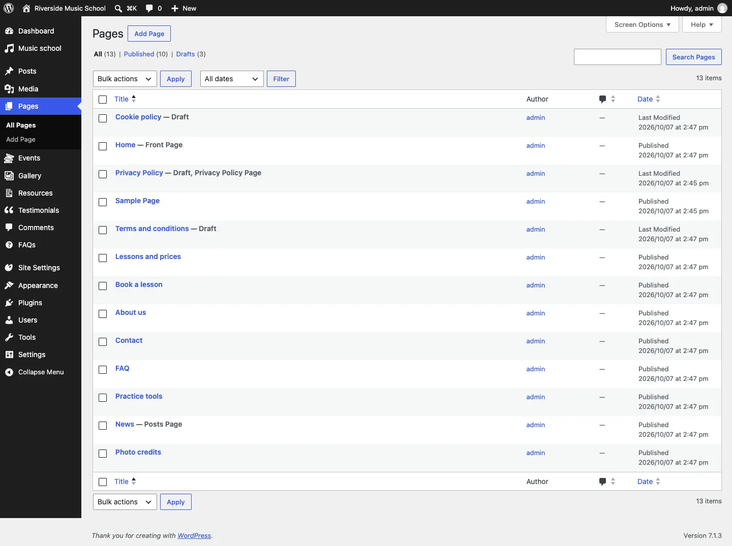 The Pages list after the setup wizard, with Home marked Front Page, the published starter pages, and the legal pages Cookie policy, Privacy Policy and Terms and conditions marked Draft
