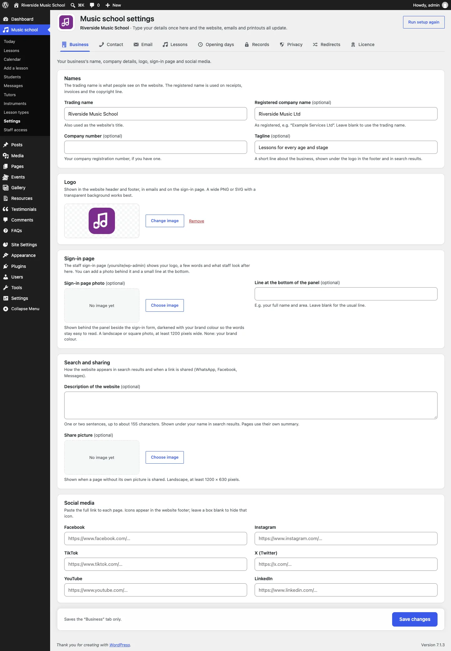 The whole Business tab: the Names card, the Logo card with the logo chosen, then the Sign-in page, Search and sharing and Social media cards, with Save changes at the bottom