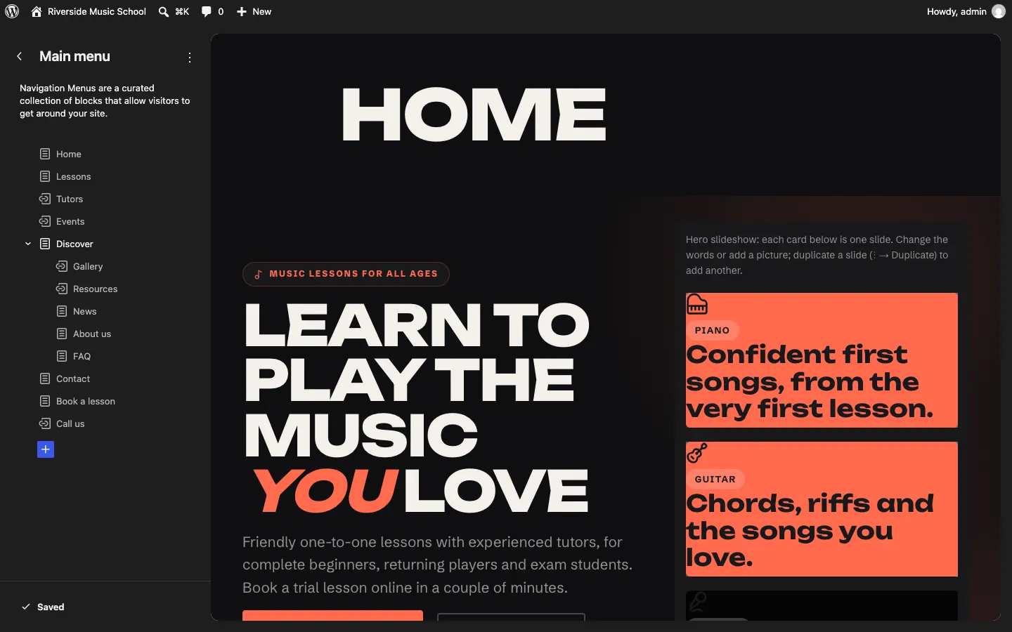 Navigation in the Site Editor: with only one menu, it opens the Main menu straight away, listing Home, Lessons, Tutors, Events, Discover, Gallery, Resources, News, About us, FAQ, Contact, Book a lesson and Call us, with the home page on the right