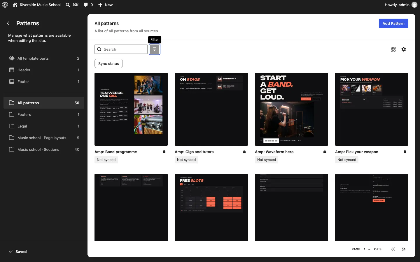 The Site Editor Patterns panel, with All template parts, Header and Footer at the top, then your kit's pattern categories