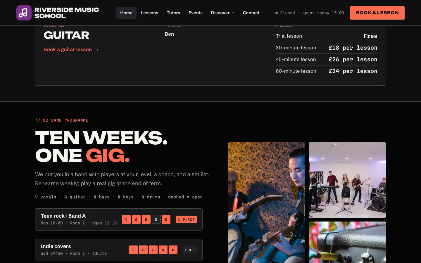 The home page scrolled half way down with the menu kept at the top: the header with the logo, the menu and the main button stays in view above the page content