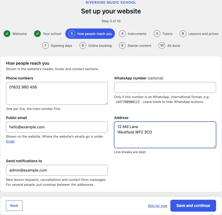 Step 3 of 10, How people reach you, with a phone number, hello@example.com, the address 12 Mill Lane, Westfield, and the Send notifications to box