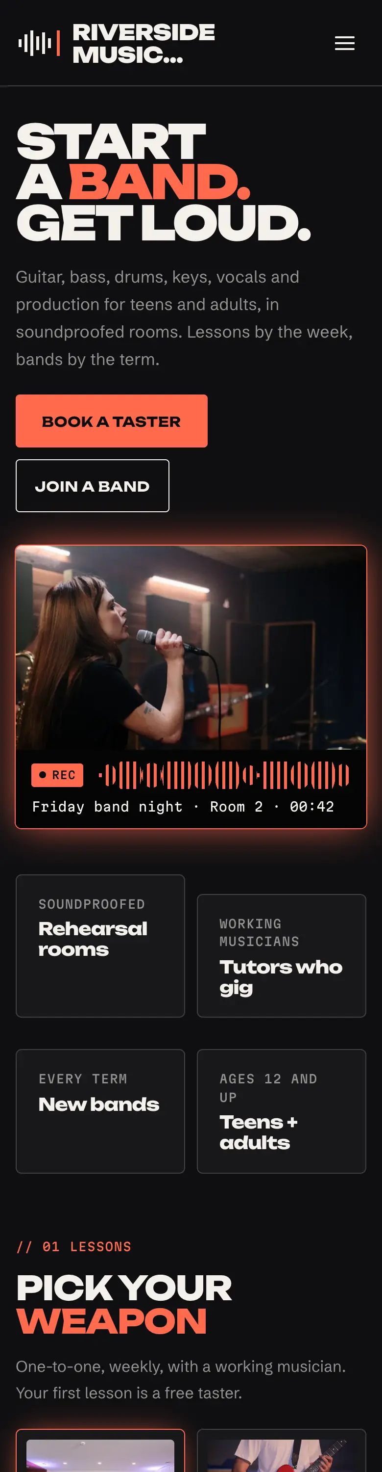 The Amp design on a phone, with the big capitals heading and orange buttons stacked one above the other