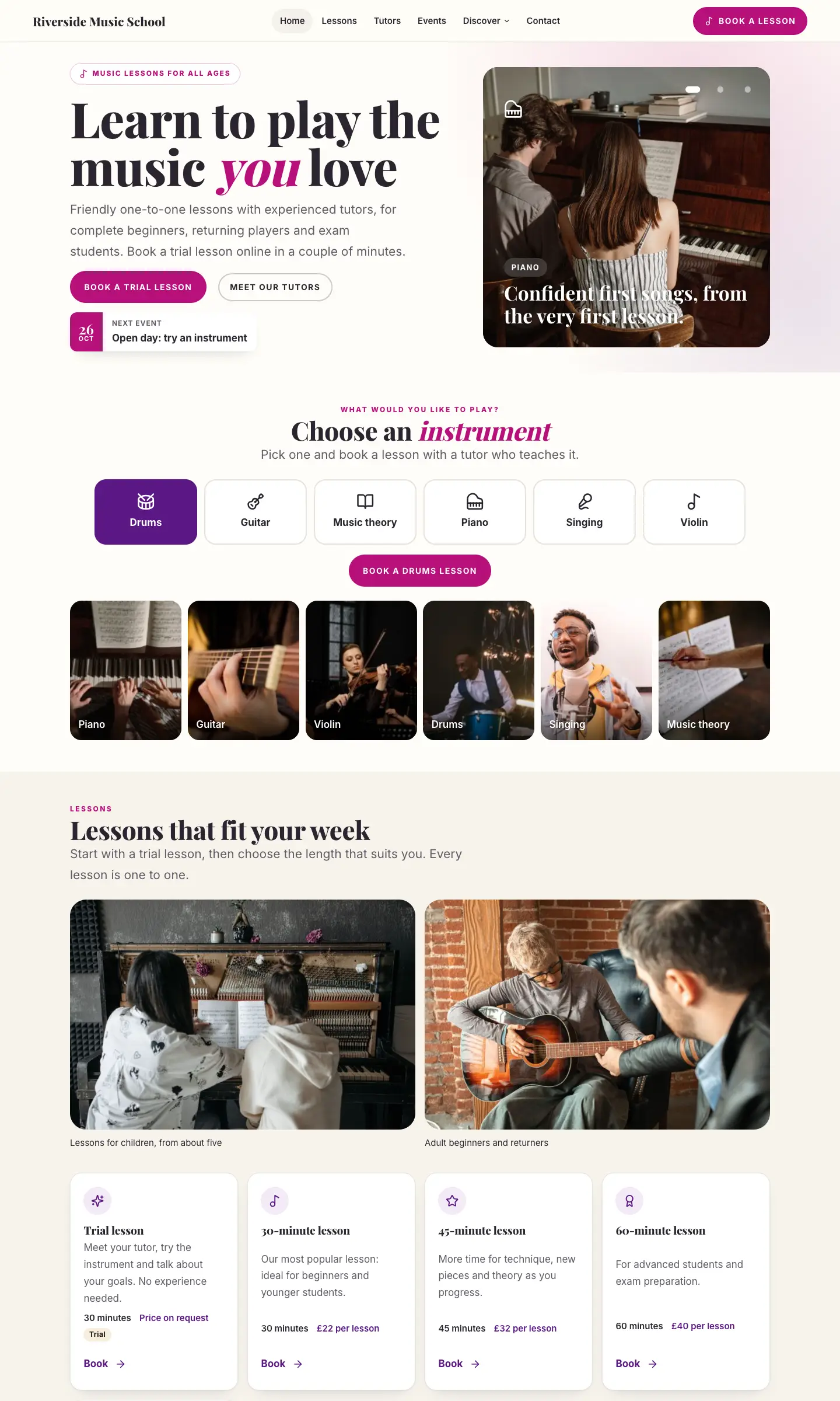 The Classic design's home page for the sample Riverside Music School, with the heading "Learn to play the music you love", a Book a trial lesson button, a row of instrument buttons and lesson cards with prices